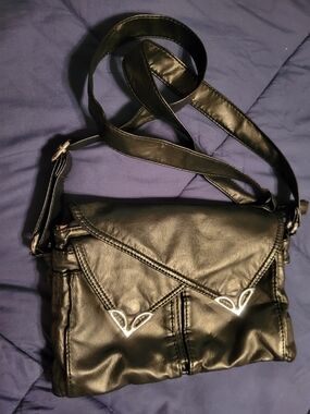 Soft Black Leather Crossbody Bag with Silver Accents On Flaps